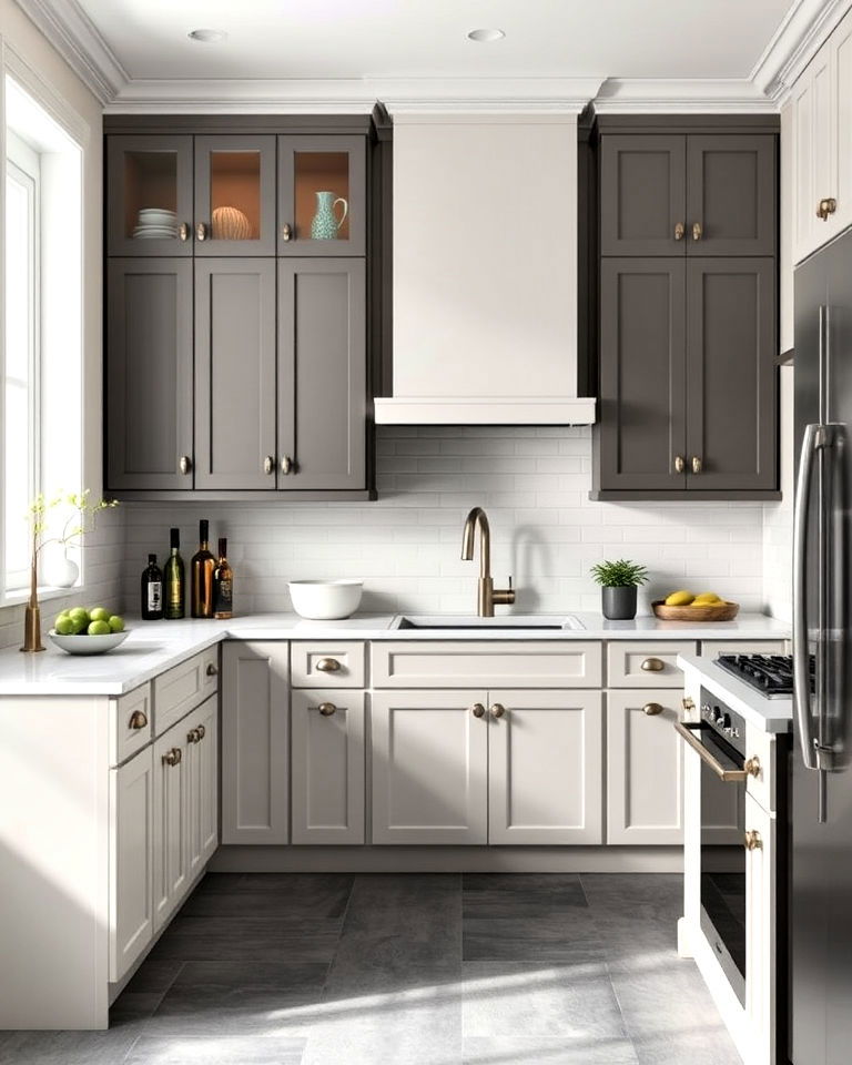 two tone kitchen cabinets with grey floor