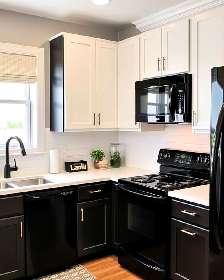 two toned cabinets with black appliances