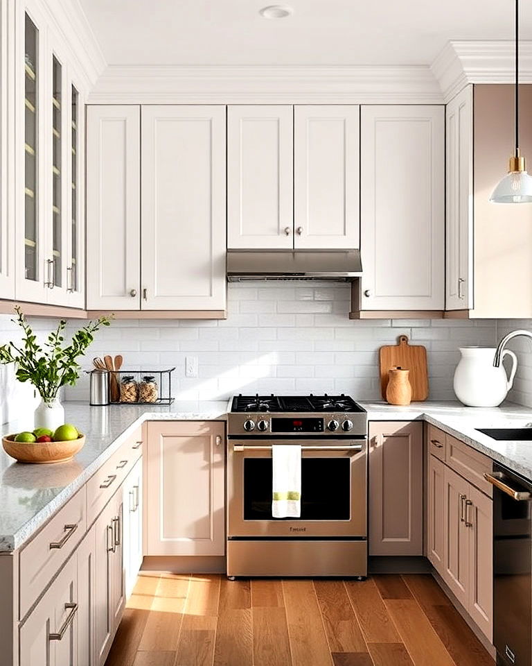 two toned kitchen with taupe lower cabinets