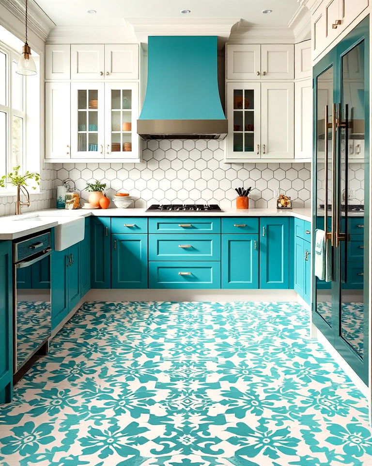 two toned teal and white kitchen cabinets