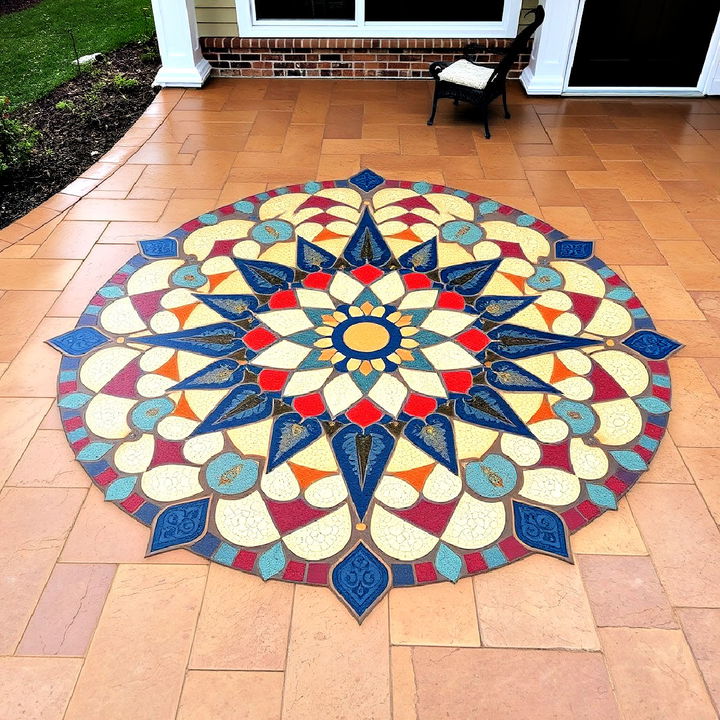 unique mosaic tile design for a stamped concrete patio