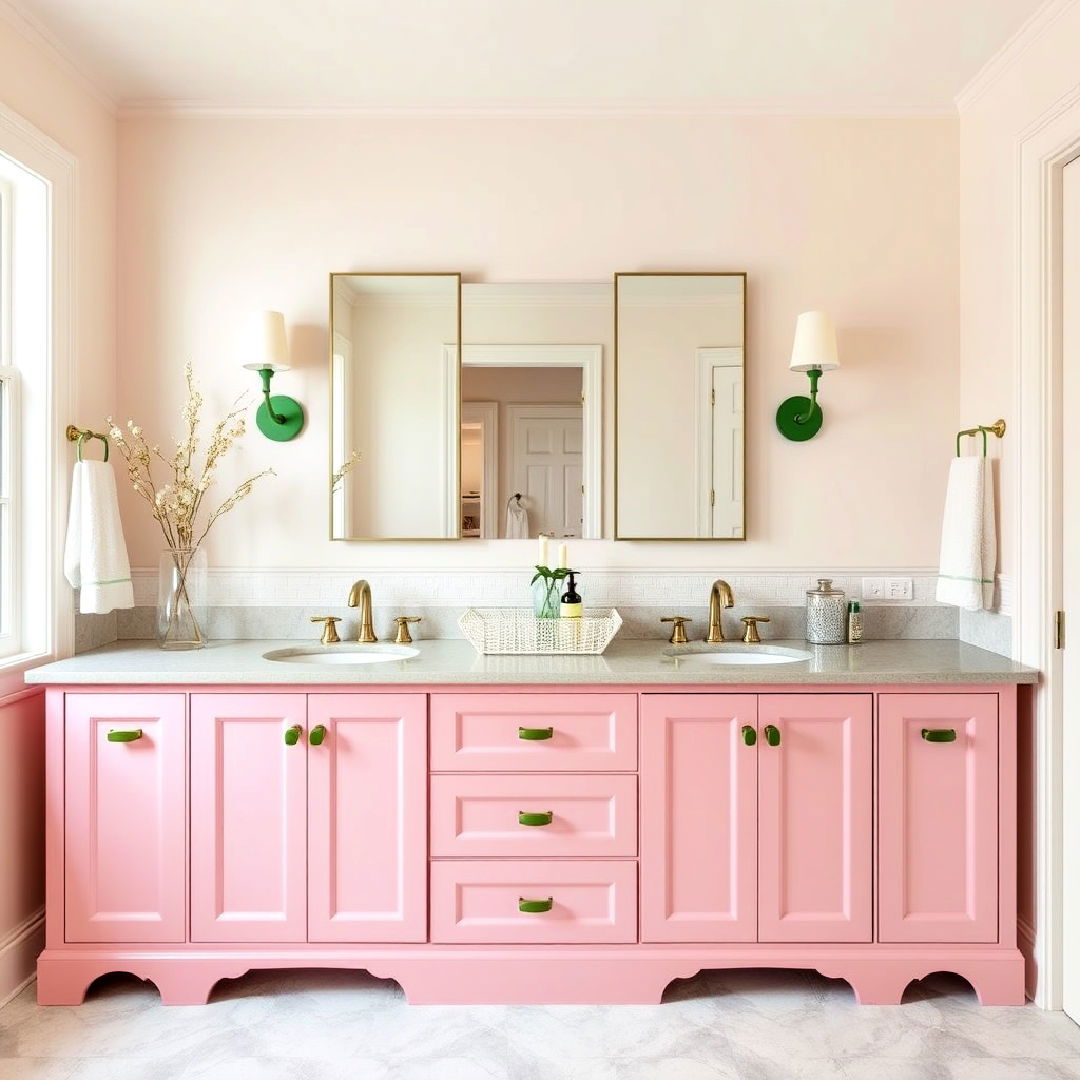 unique pink vanity with green hardware