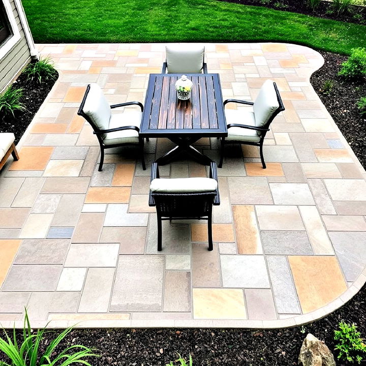 unique stone and wood patterned stamped concrete patio