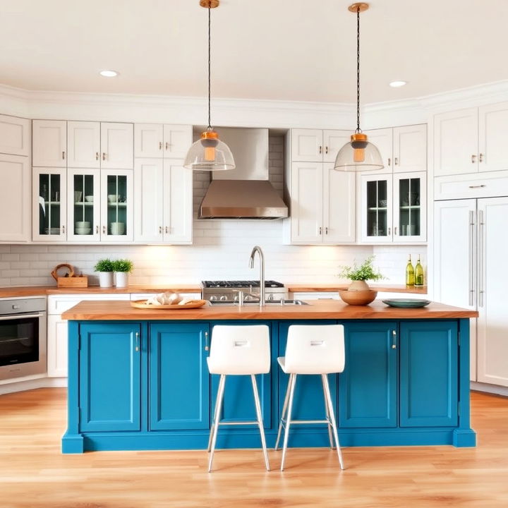 unique white kitchen cabinets with bold teal island