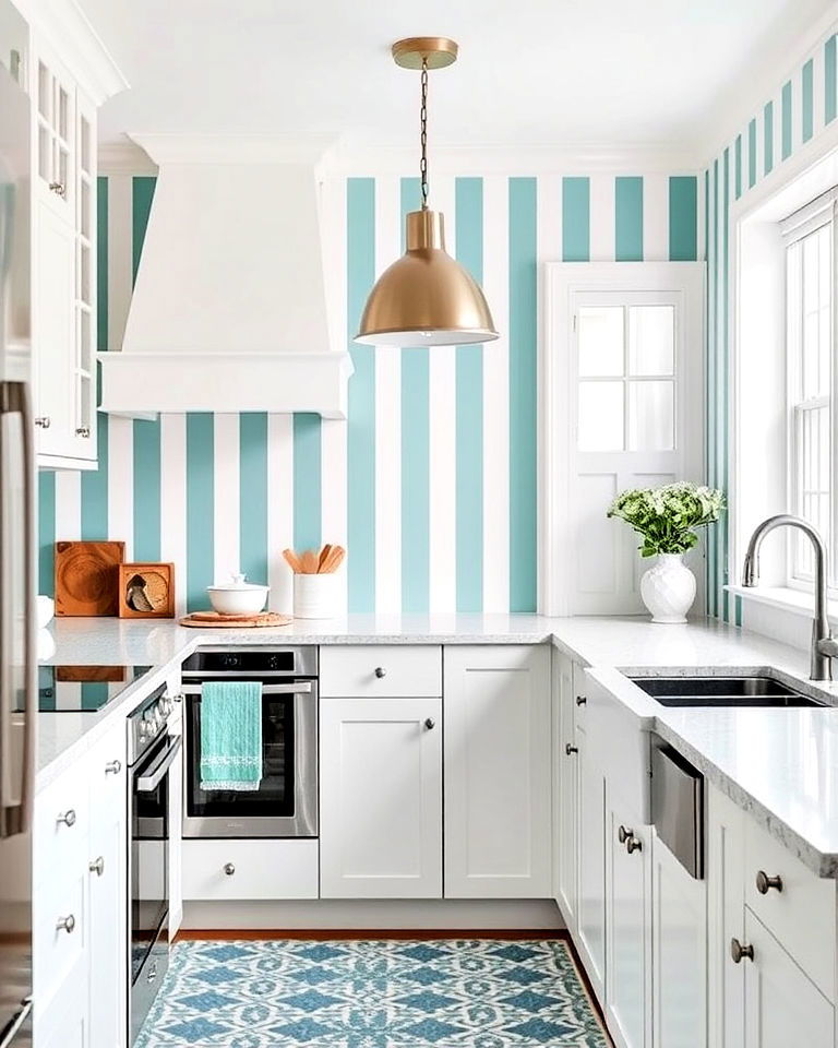 update your kitchen with white and teal striped wallpaper