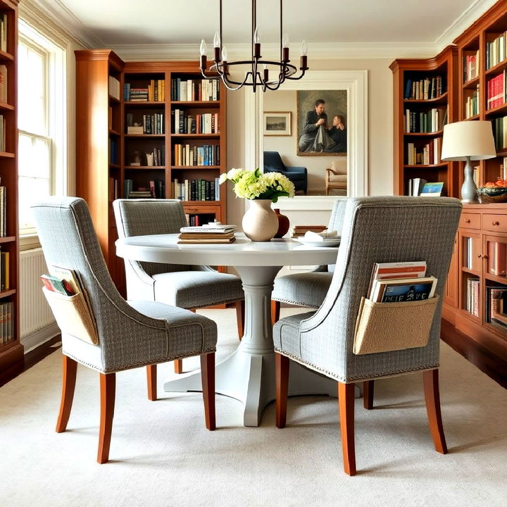 upholstered dining chairs with quirky built in book pockets