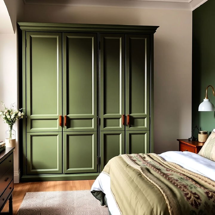 use an olive green wardrobe to anchor your bedroom