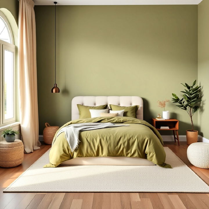 use bedroom olive green and beige together for a soft earthy palette