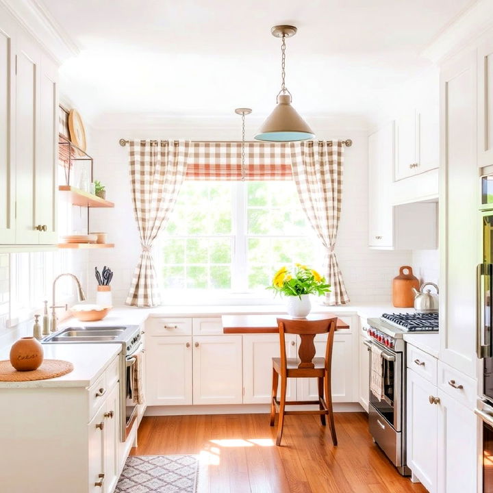 use farmhouse style curtains in a white kitchen