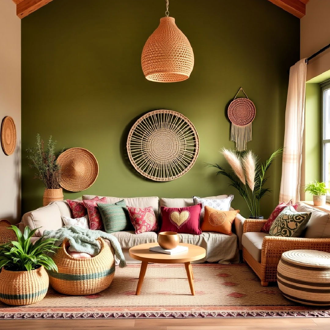 use olive green accent wall to ground your bohemian decor