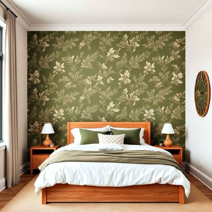 use olive green wallpaper for textured depth