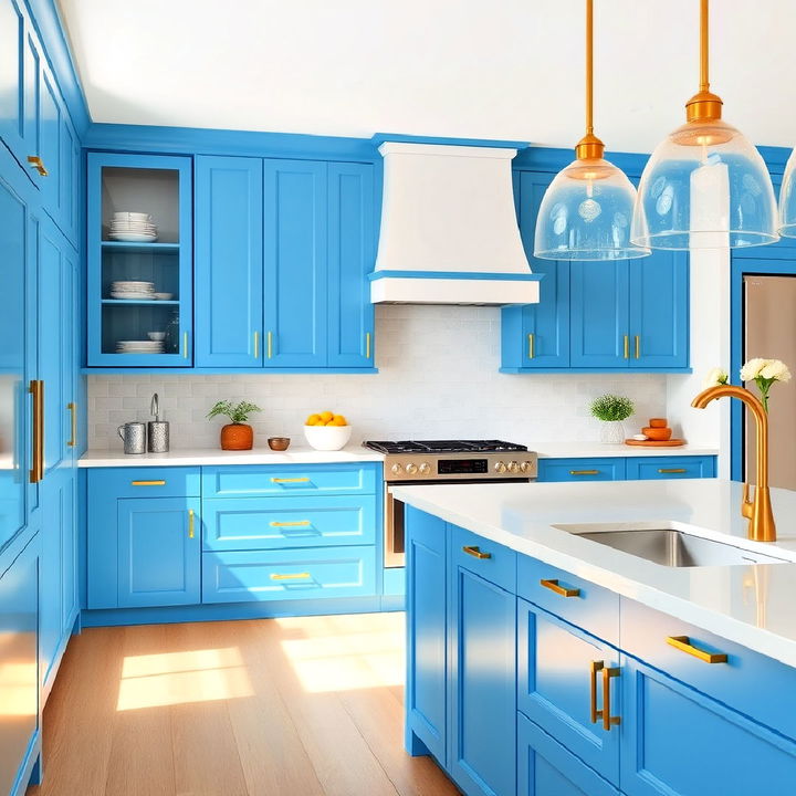 vibrant cerulean blue cabinets with sleek gold pulls