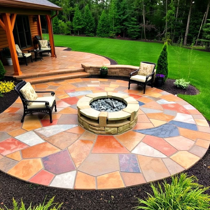 vibrant multi colored concrete patio and rustic fire pit