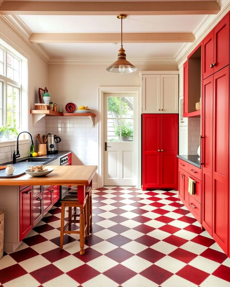 vibrant red checkered kitchen floors