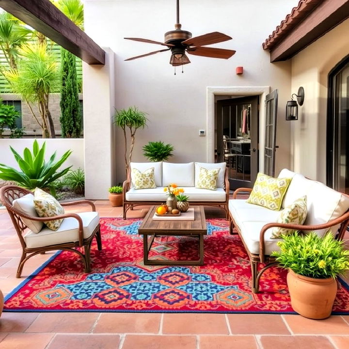 vibrant spanish rug to unify a patio seating area