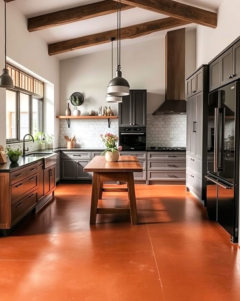 vibrant terracotta colored concrete kitchen floor