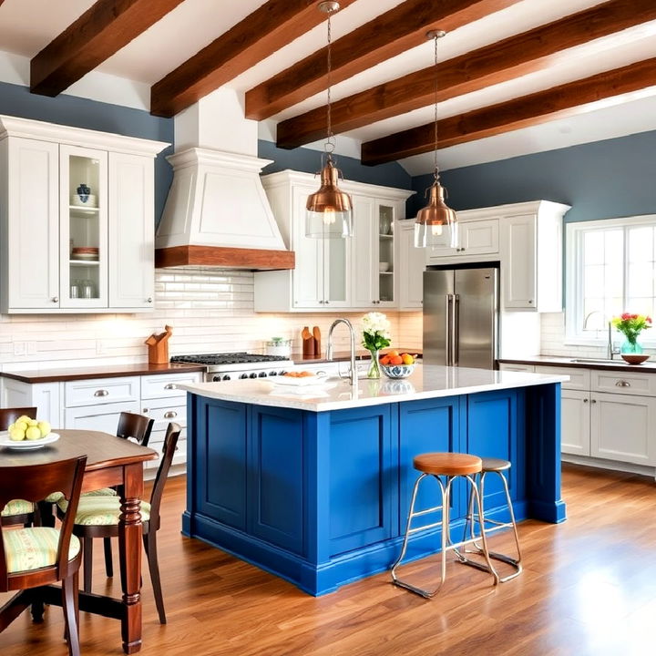 vibrant white kitchen cabinets with a peacock blue island