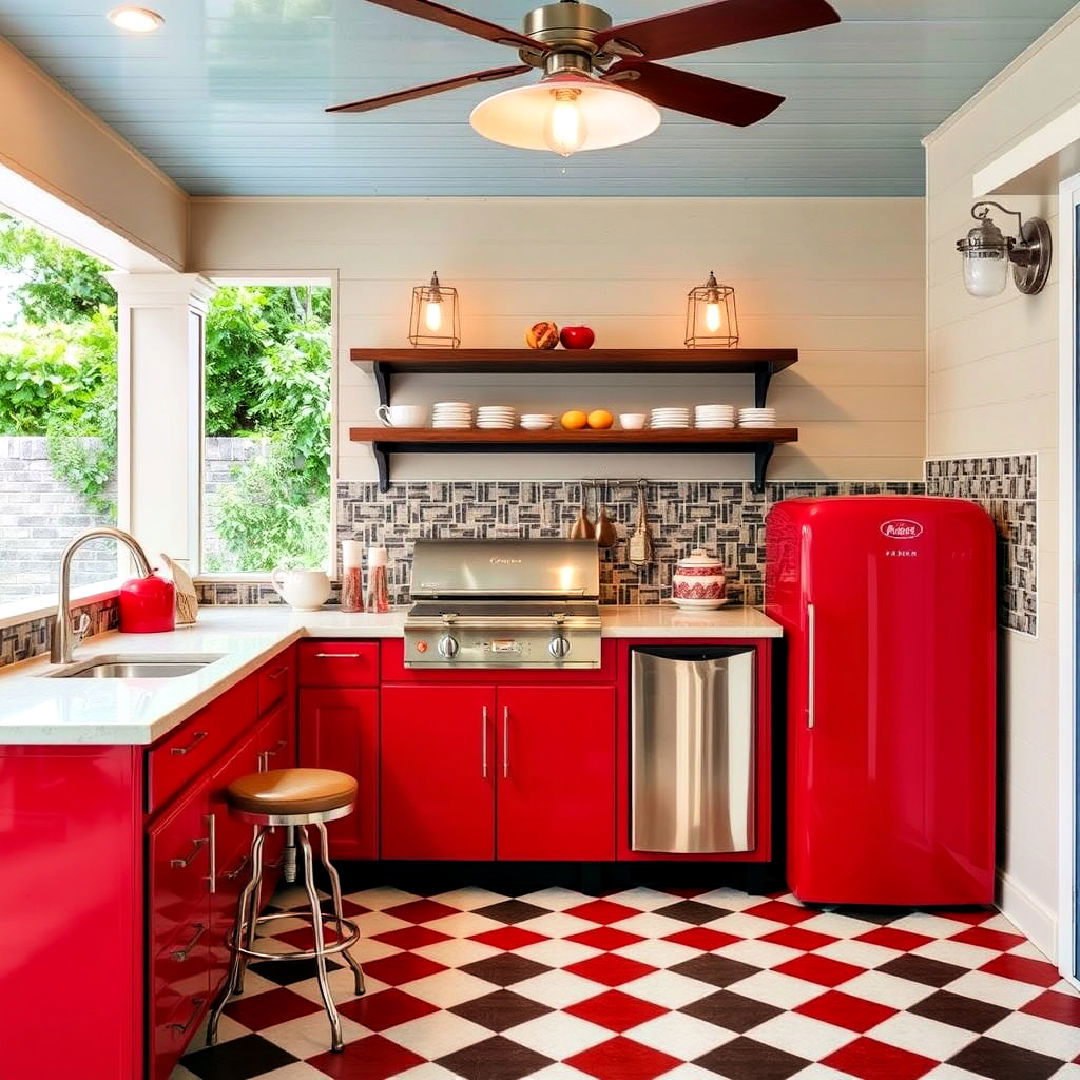 vintage inspired pool house with outdoor kitchen