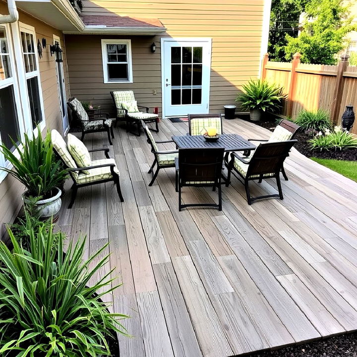 warm and organic wood plank stamped concrete patio