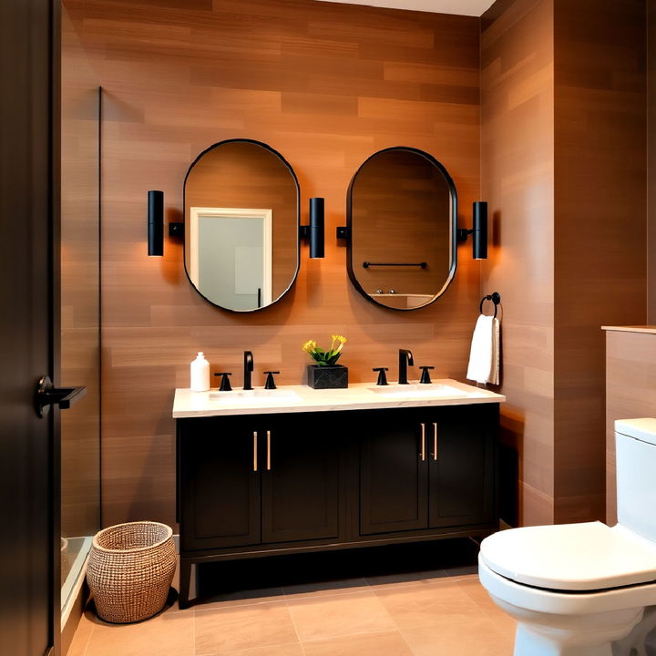 warm brown walls with modern black framed mirrors