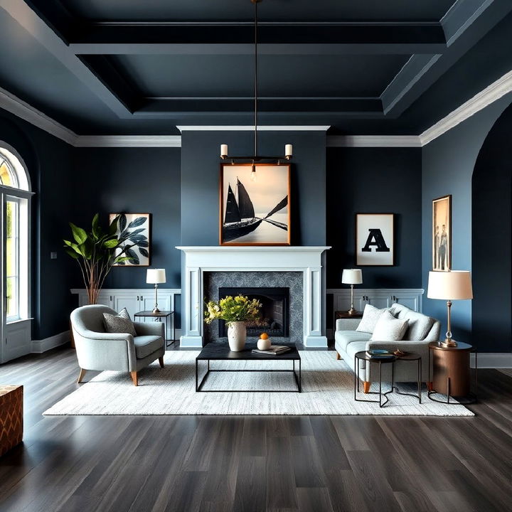 warm grey flooring with rich dark blue wall