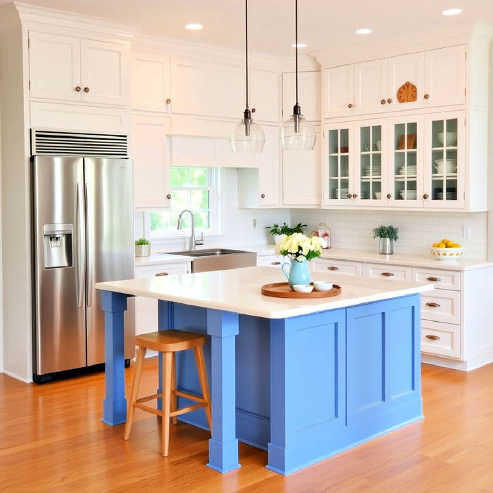 warm white cabinets with a soft cornflower blue island