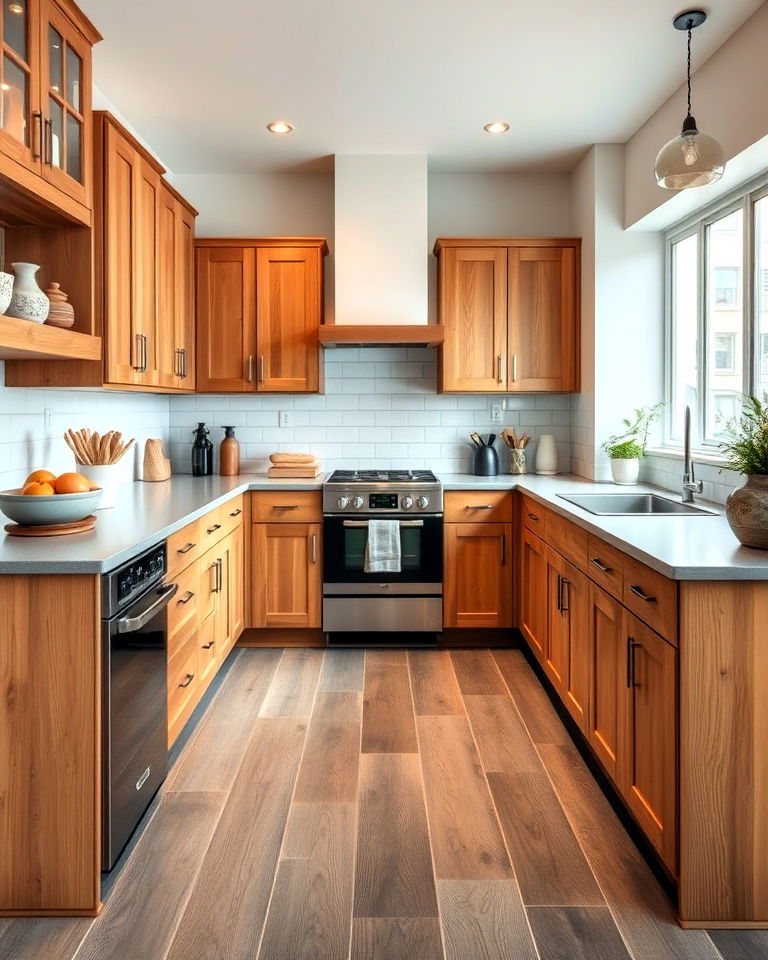 warm wood kitchen cabinets and grey floor