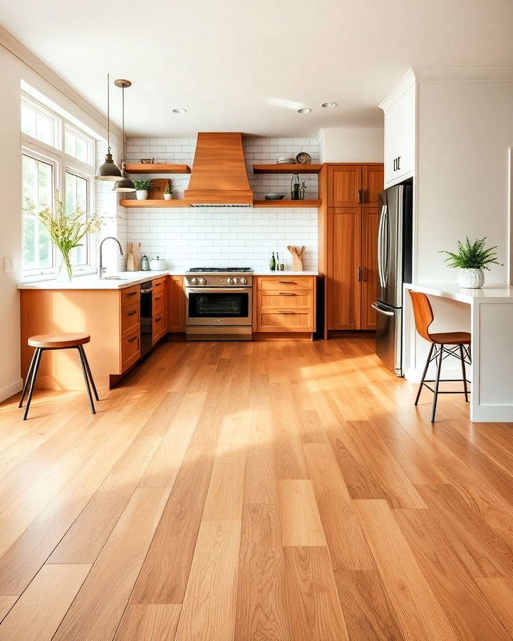 warmth of honey toned wood flooring for kitchen