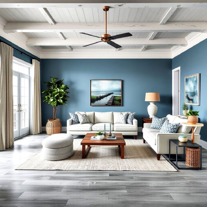 weathered grey floors with tranquil ocean blue walls