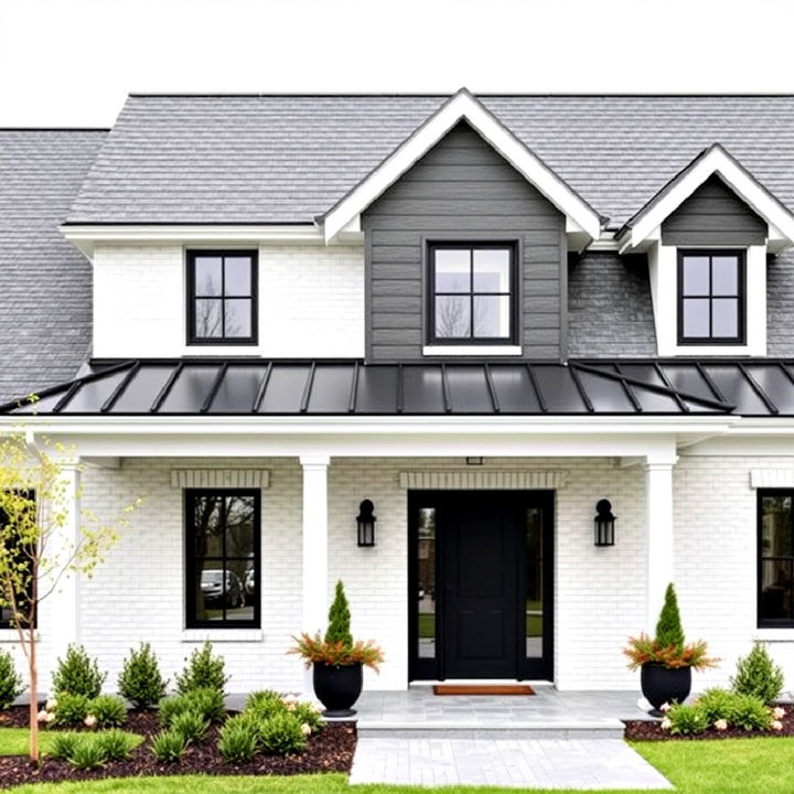 white brick with black roof for timeless farmhouse exterior