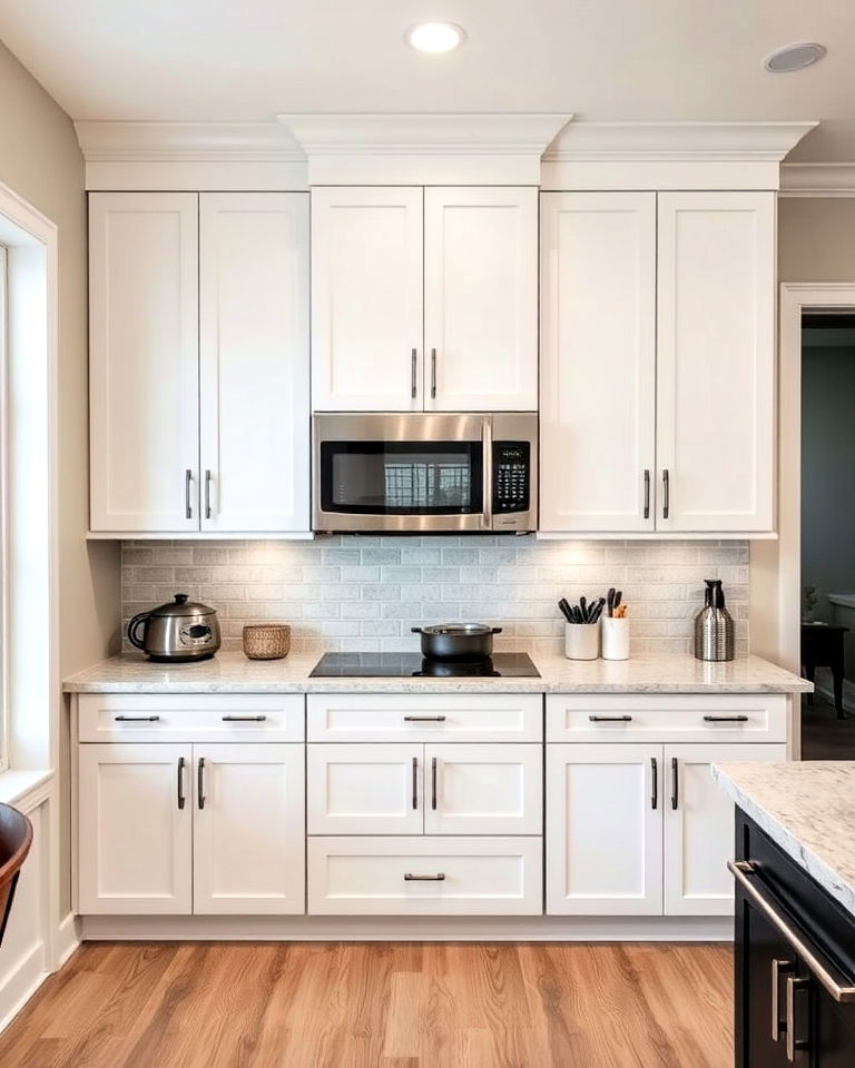 white cabinetry with stainless steel microwave