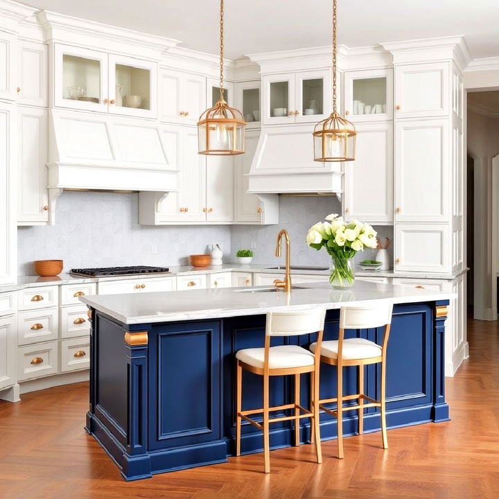 white cabinets paired with navy island and gold accents