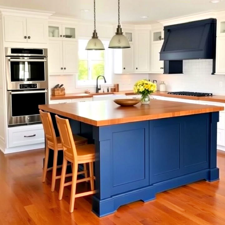 white cabinets with a navy island and butcher block countertops