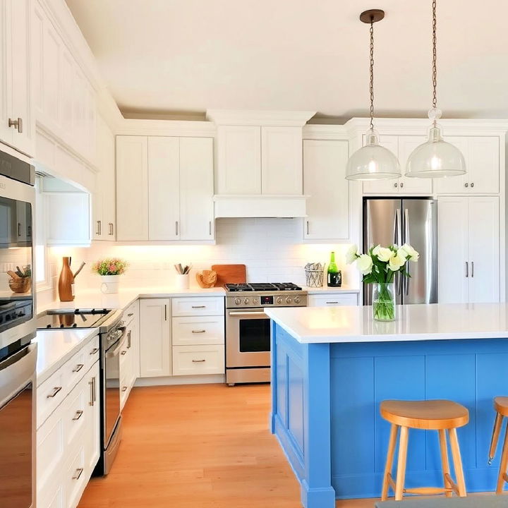 white cabinets with a refreshing ocean blue island