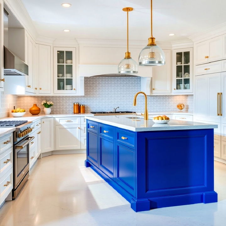 white cabinets with a rich sapphire blue island centerpiece