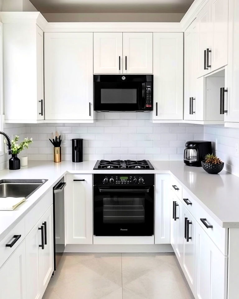 white cabinets with black appliances