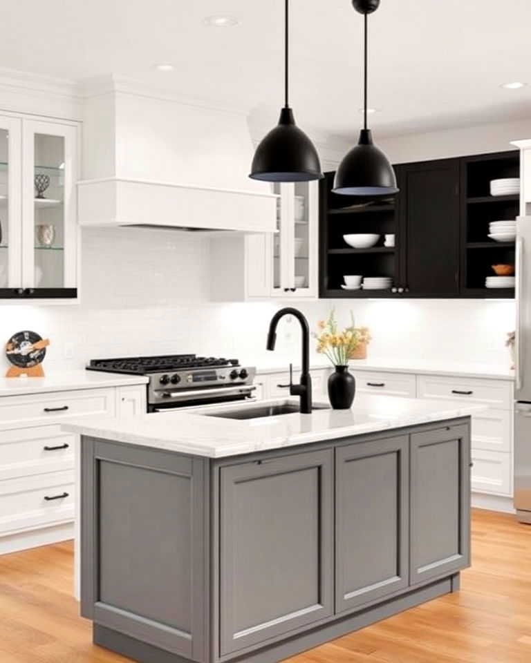 white cabinets with grey island and black hardware