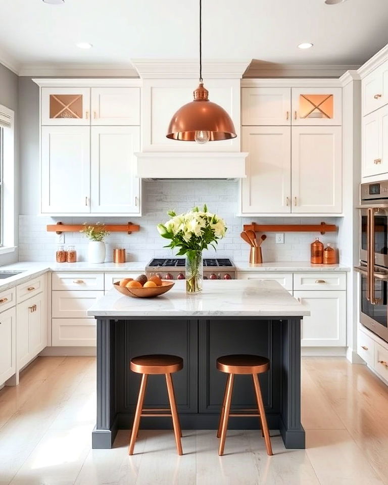 white cabinets with grey island and copper accents