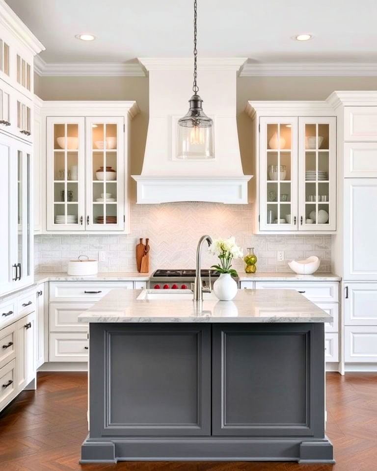 white cabinets with grey island and glass front cabinets