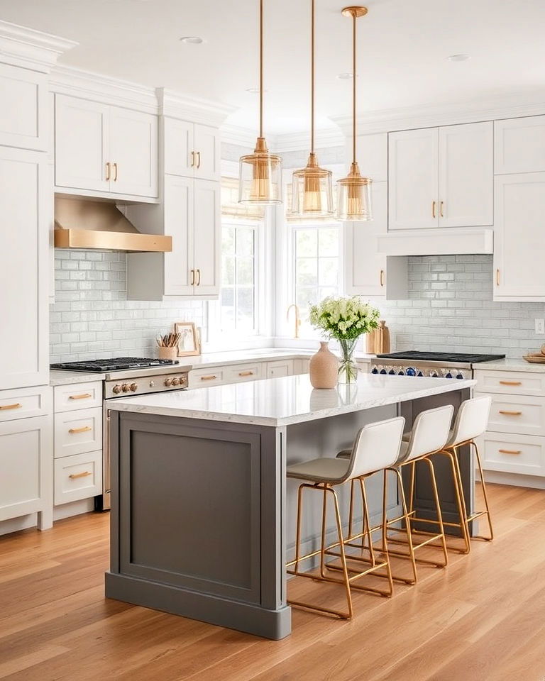 white cabinets with grey island and gold accents