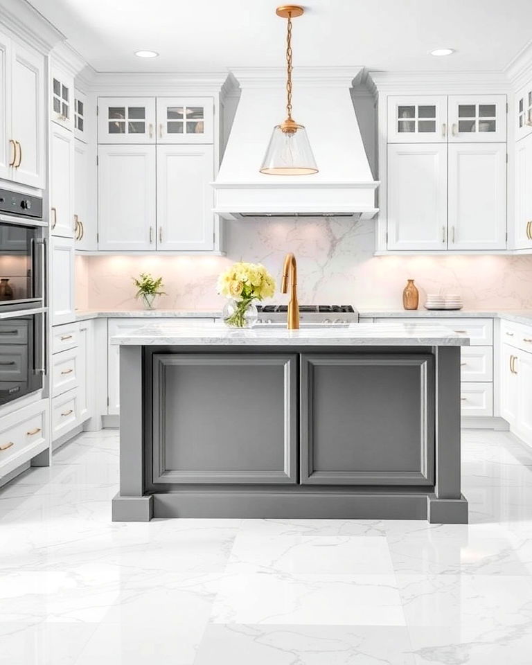 white cabinets with grey island and marble backsplash