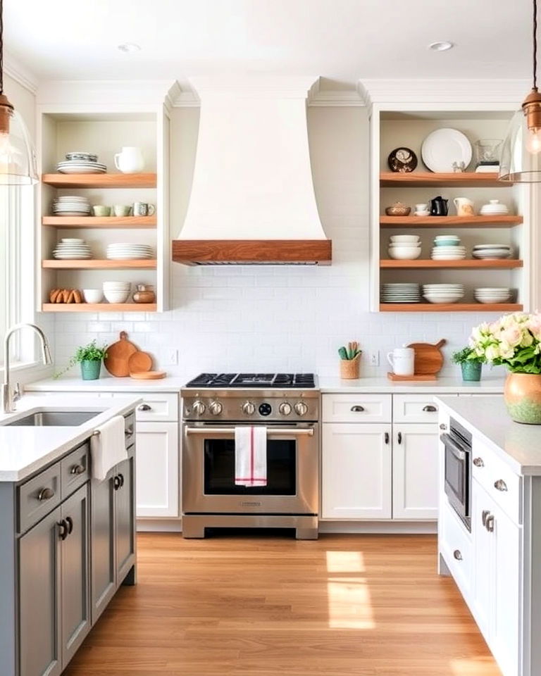 white cabinets with grey island and open shelving