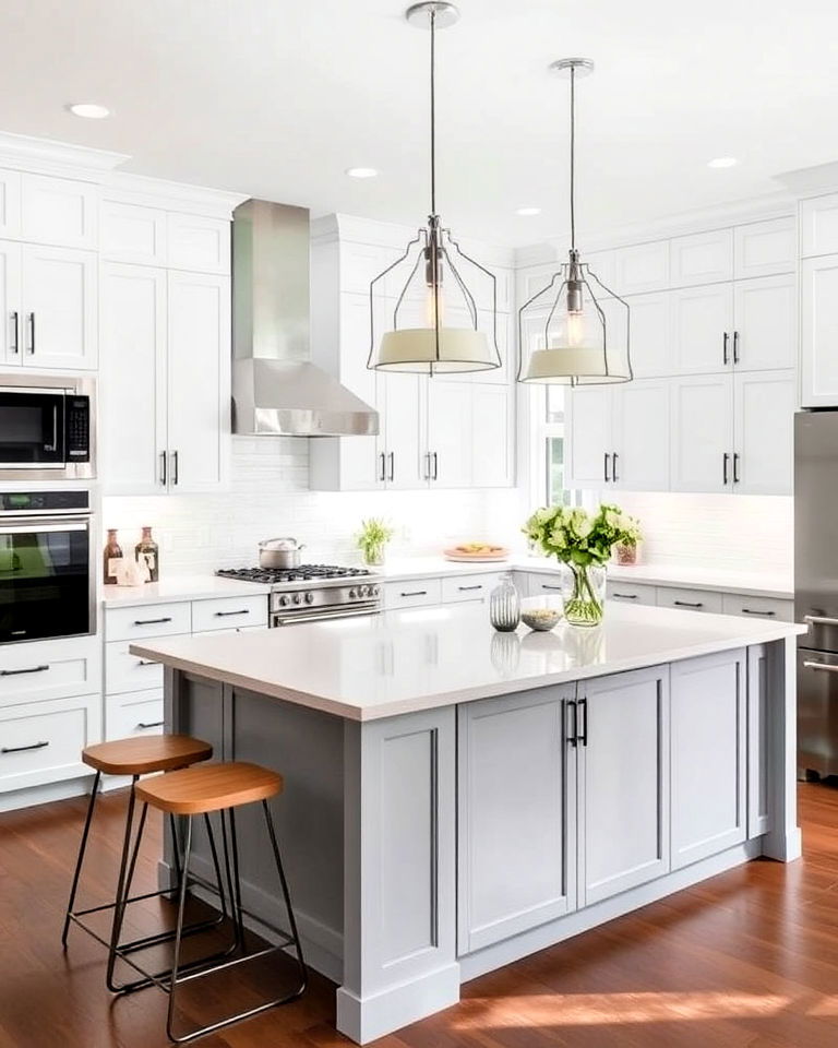 white cabinets with grey island and pendant lighting