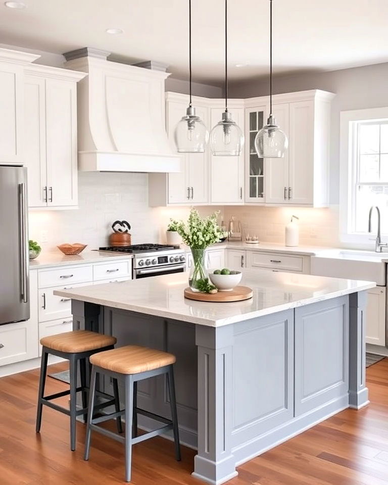 white cabinets with light grey island and quartz countertop