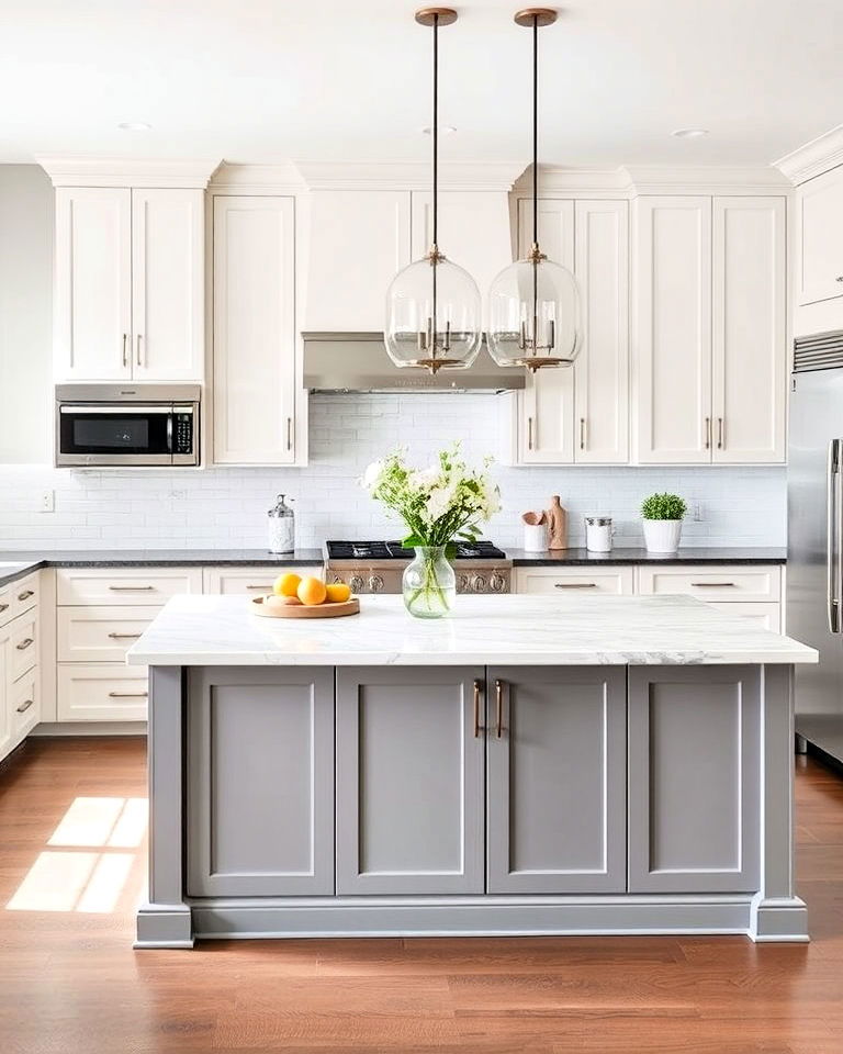 white cabinets with two tone grey island