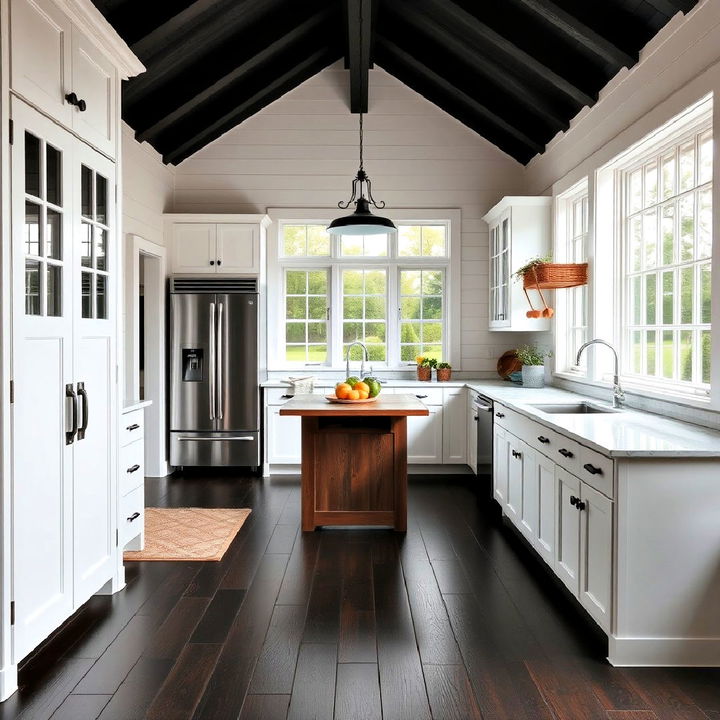 white farmhouse kitchen cabinets with dark flooring