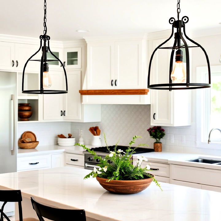 white farmhouse kitchen with rustic lighting fixtures