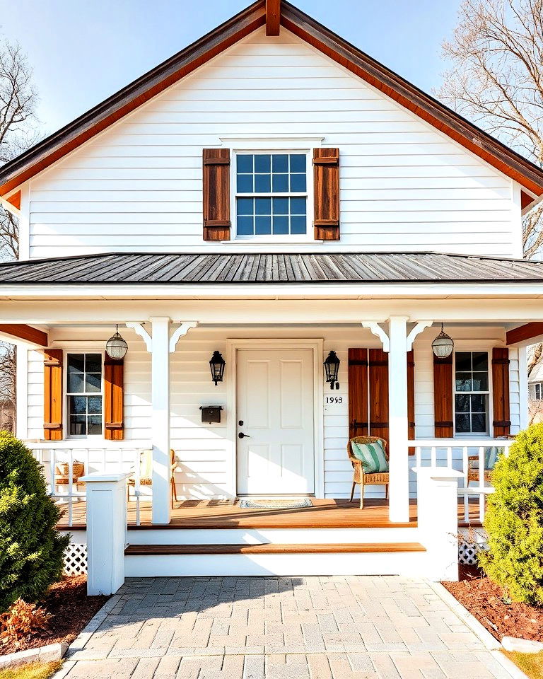 white farmhouse wrap around porch with wooden accents