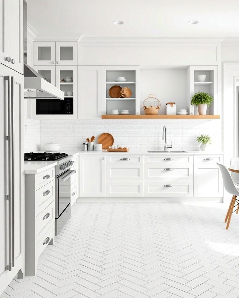 white herringbone tile flooring for kitchen