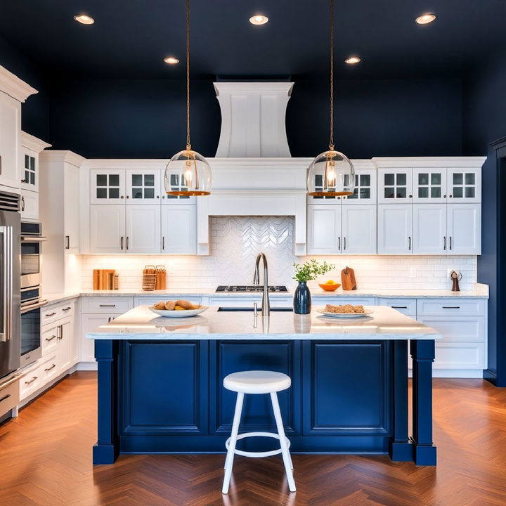 white kitchen cabinets with a bold midnight blue island